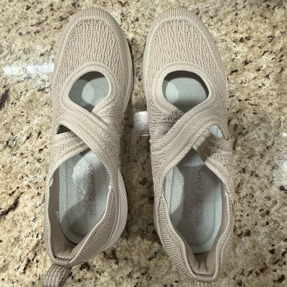 Skechers Taupe Mary Jane inspired Sneakers with Knitted Fabric.